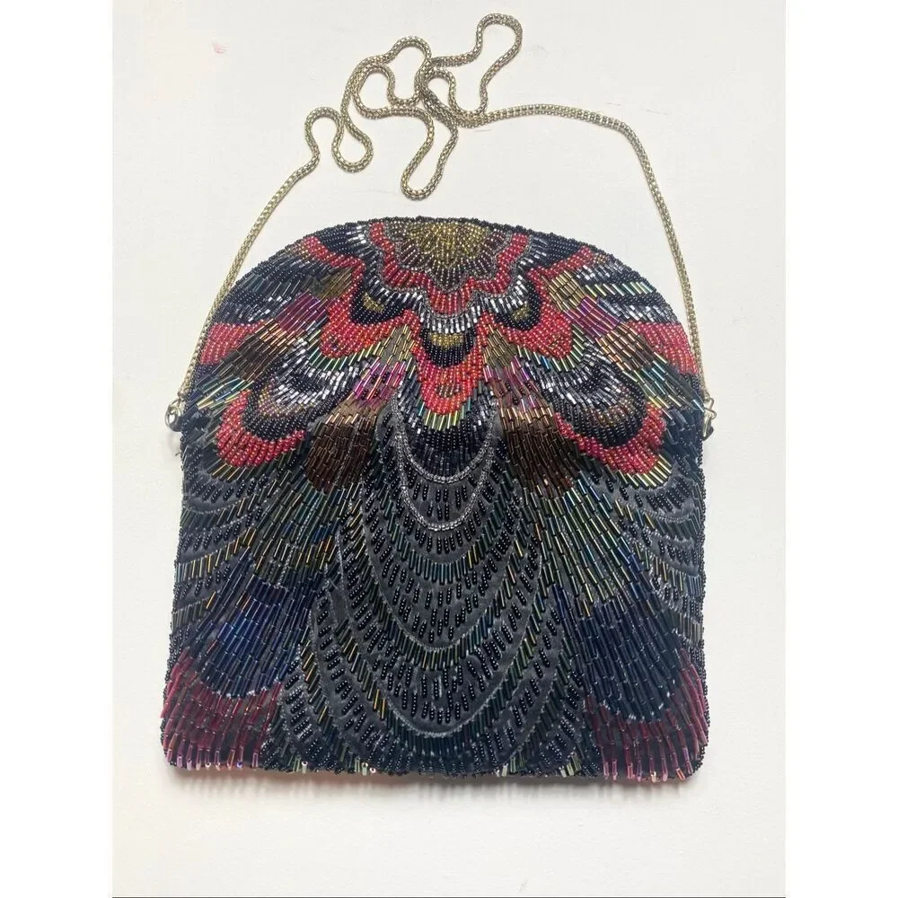 La Regale Beaded Evening Clutch Floral Art Deco Crossbody Gold Chain